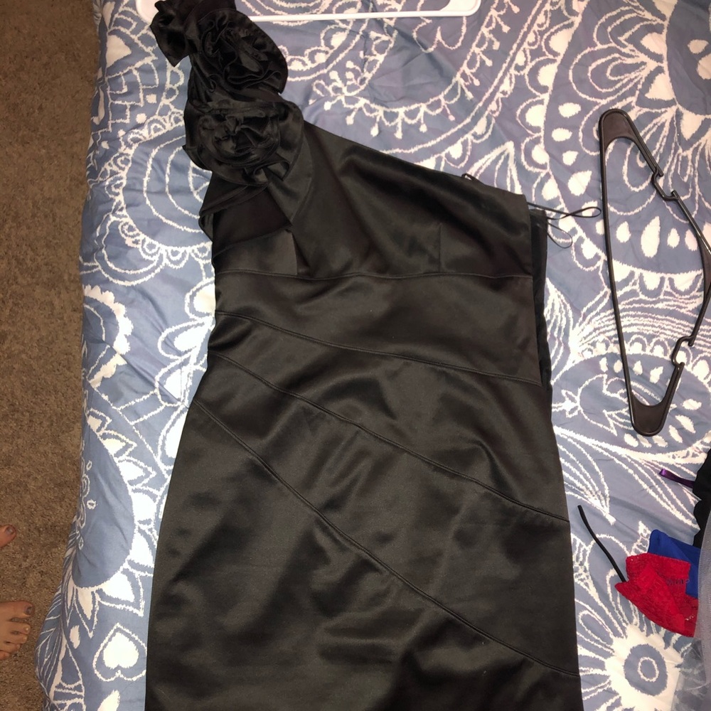 Black silky knee length cocktail dress